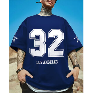 Ausk Mens Blue Printed Cotton Blend Round Neck Oversized T-Shirt