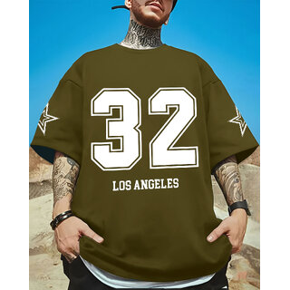Ausk Mens Green Printed Cotton Blend Round Neck Oversized T-Shirt