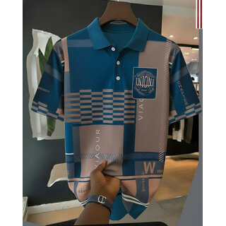 Ausk Mens Teal Blue, Grey Graphic Print Cotton Blend Polo Collar T-Shirt
