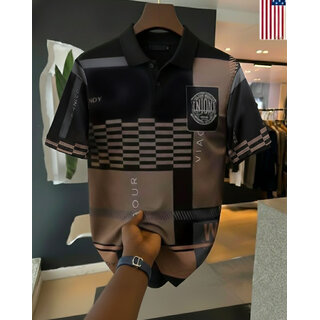 Ausk Mens Black, Grey Graphic Print Cotton Blend Polo Collar T-Shirt