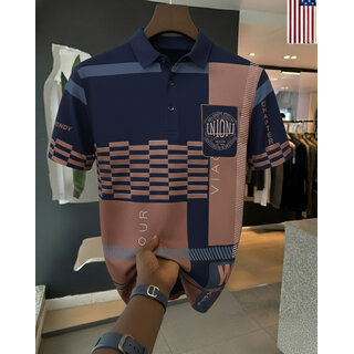 Ausk Mens Blue, White Graphic Print Cotton Blend Polo Collar T-Shirt