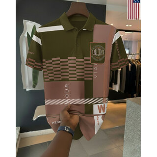 Ausk Mens Green, White Graphic Print Cotton Blend Polo Collar T-Shirt