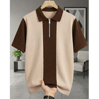 Ausk Mens Off White,  Brown Graphic Print Cotton Blend Polo Collar T-Shirt