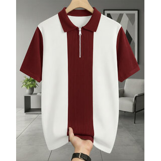 Ausk Mens Maroon, White Graphic Print Cotton Blend Polo Collar T-Shirt