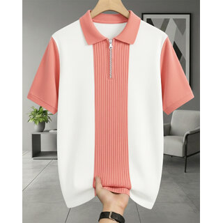 Ausk Mens Pink, White Graphic Print Cotton Blend Polo Collar T-Shirt