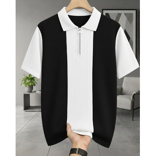 Ausk Mens Beige, Black Graphic Print Cotton Blend Polo Collar T-Shirt