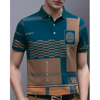 Ausk Mens Teal Blue, Grey Graphic Print Cotton Blend Polo Collar T-Shirt