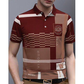 Ausk Mens Maroon, White Graphic Print Cotton Blend Polo Collar T-Shirt