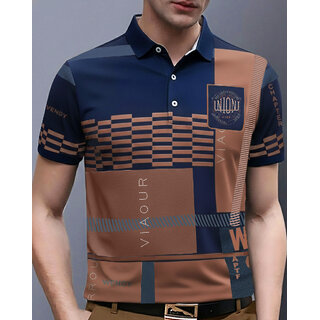 Ausk Mens Blue, White Graphic Print Cotton Blend Polo Collar T-Shirt