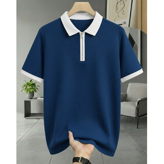 Ausk Mens Teal Blue, White Graphic Print Cotton Blend Polo Collar T-Shirt