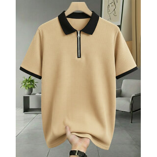 Ausk Mens Beige, Black Graphic Print Cotton Blend Polo Collar T-Shirt