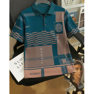 Ausk Mens Teal Blue, Grey Graphic Print Cotton Blend Polo Collar T-Shirt