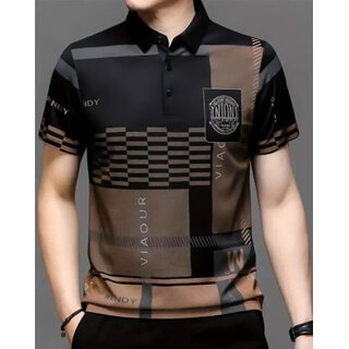 Ausk Mens Black, Grey Graphic Print Cotton Blend Polo Collar T-Shirt