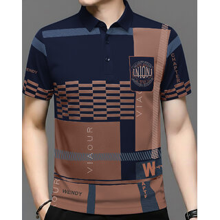 Ausk Mens Blue, White Graphic Print Cotton Blend Polo Collar T-Shirt