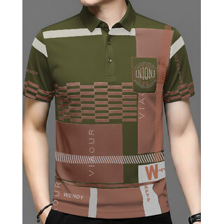 Ausk Mens Green, White Graphic Print Cotton Blend Polo Collar T-Shirt