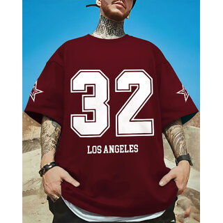 Ausk Mens Maroon Printed Cotton Blend Round Neck Oversized T-Shirt
