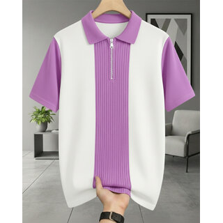 Ausk Mens Lavender, White Graphic Print Cotton Blend Polo Collar T-Shirt