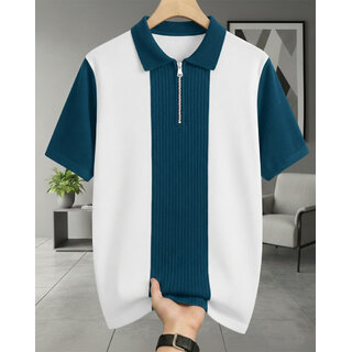 Ausk Mens Dark Blue, White Graphic Print Cotton Blend Polo Collar T-Shirt