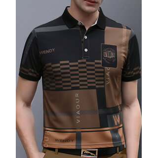 Ausk Mens Black, Grey Graphic Print Cotton Blend Polo Collar T-Shirt