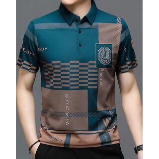 Ausk Mens Teal Blue, Grey Graphic Print Cotton Blend Polo Collar T-Shirt