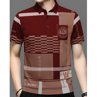 Ausk Mens Maroon, White Graphic Print Cotton Blend Polo Collar T-Shirt