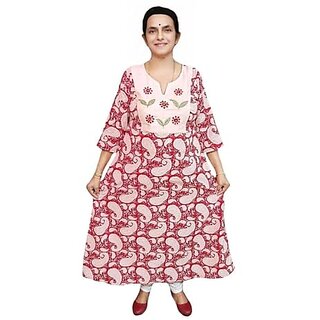 Prabha Apparels Women Printed Cotton A-line Kurta (Pink)