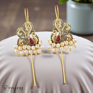 Vivastri Mayur Gold Plated Pearl Alloy Kanphool Guttapusalu Ear cuff,Cuff Earrings for Women & Girls - VIVA2839ERG-RED - Earrings | Buy online on ZillyBuy