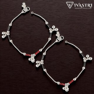 Vivastri Traditional Silver White/Black Metal Payal Anklets Pair for Women & Girls [VIVA1013PYL]