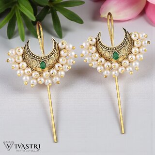 Vivastri Moon Gold Plated Pearl Alloy Cuff Earrings for Women & Girls - VIVA2841ERG-GREEN - Earrings | Buy online on ZillyBuy