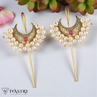 Vivastri Moon Gold Plated Pearl Alloy Cuff Earrings for Women & Girls - VIVA2841ERG-RED - Earrings | Buy online on ZillyBuy