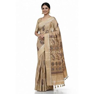 Fancy Linen Cotton Saree Mango Print Linen Saree Lightweight Casual Saree Office Wear Cotton Saree (Light Brown) - Sarees | Buy online on ZillyBuy