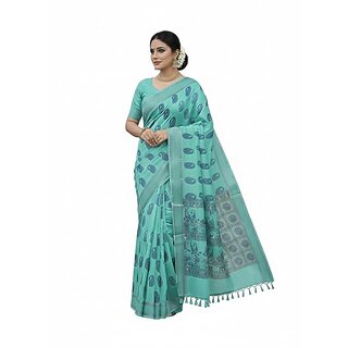 Fancy Linen Cotton Saree Mango Print Linen Saree Lightweight Casual Saree Office Wear Cotton Saree (Teal Blue) - Sarees | Buy online on ZillyBuy