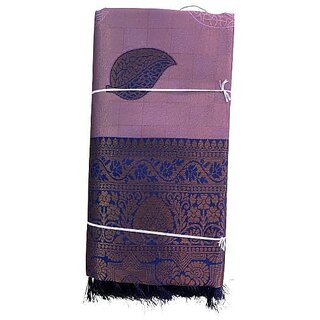 Womens English Color Saree Soft Silk Blend with Square Weave  Leaf Motif Butta Lightweight Pastel Silk Saree with Tassels and paisley design Contrast Border Silk Sare (Lavender with Navy Blue) - Sarees | Buy online on ZillyBuy