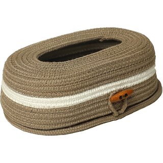 Ariya Cotton Blend Oval Tissue Box Holder | Beige with Wooden Button | (3 x 11.7 Inch) | Handcrafted Tissue Container for 100 Pulls for Office, Living Bedroom, Car Desk, Dining Table, Home Decor - Home Improvement | Buy online on ZillyBuy