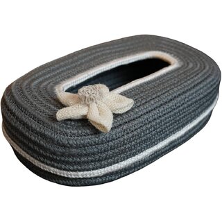Ariya Cotton Blend Oval Tissue Box Holder | Grey Colour with White Line & Flower | 3 x 11.7 inch | Holds 100 Pulls | Handcrafted for Home, Office, Car & Desk | Dining & Living Room Decor - Home Improvement | Buy online on ZillyBuy