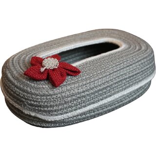 Ariya Cotton Blend Oval Tissue Box Holder | Light Grey with White Line & Red Flower | 3 x 11.7 inch | Holds 100 Pulls, Handcrafted for Home, Office, Car, Desk, Dining & Living Room Decor - Home Improvement | Buy online on ZillyBuy