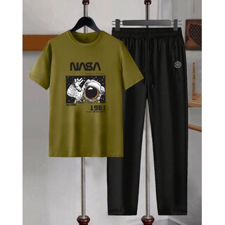 AUSK Mens Casual Printed Cotton Blend Green & Black Summer wear Co-ords set of T-Shirt & Trakpant