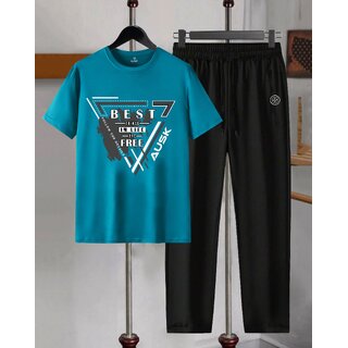 AUSK Mens Casual Graphic Print Cotton Blend Teal Blue & Black Summer wear Co-ords set of T-Shirt & Trakpant