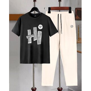 AUSK Mens Casual Printed Cotton Blend Black & Beige Summer wear Co-ords set of T-Shirt & Trakpant