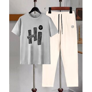 AUSK Mens Casual Printed Cotton Blend Grey & Beige Summer wear Co-ords set of T-Shirt & Trakpant