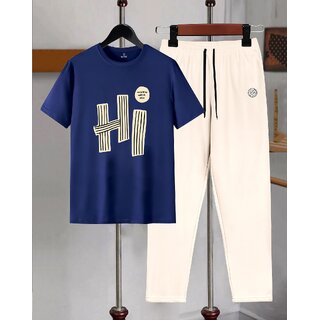 AUSK Mens Casual Printed Cotton Blend Blue & Beige Summer wear Co-ords set of T-Shirt & Trakpant