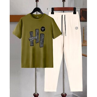 AUSK Mens Casual Printed Cotton Blend Green & Beige Summer wear Co-ords set of T-Shirt & Trakpant