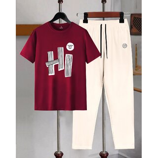 AUSK Mens Casual Printed Cotton Blend Maroon & Beige Summer wear Co-ords set of T-Shirt & Trakpant