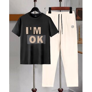AUSK Mens Casual Printed Cotton Blend Black & Beige Summer wear Co-ords set of T-Shirt & Trakpant