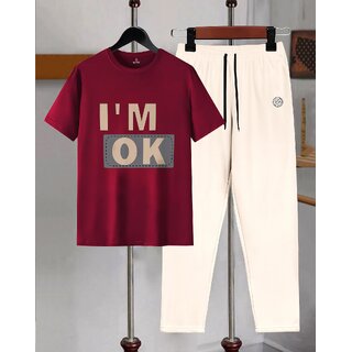 AUSK Mens Casual Printed Cotton Blend Maroon & Beige Summer wear Co-ords set of T-Shirt & Trakpant