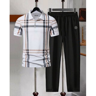 AUSK Mens Casual Printed Cotton Blend White & Black Summer wear Co-ords set of T-Shirt & Trakpant