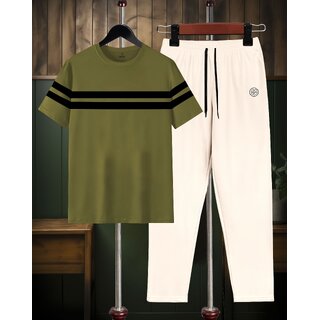 AUSK Mens Casual Colorblock Cotton Blend Black & Green Summer wear Co-ords set of T-Shirt & Trakpant