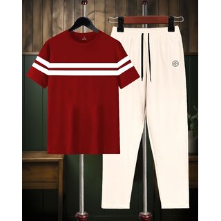 AUSK Mens Casual Checkered Cotton Blend Black & Maroon Summer wear Co-ords set of T-Shirt & Trakpant