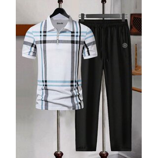 AUSK Mens Casual Printed Cotton Blend White & Black Summer wear Co-ords set of T-Shirt & Trakpant