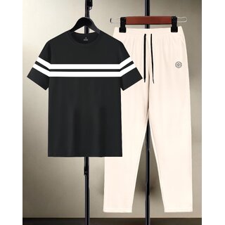 AUSK Mens Casual Checkered Cotton Blend Black & Black Summer wear Co-ords set of T-Shirt & Trakpant
